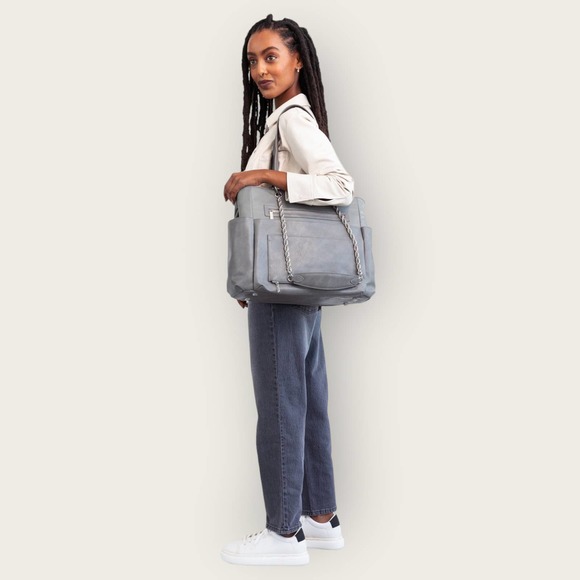 BEIS The Diaper Bag | Grey | Baby Purse Nylon Leather Trim Laptop Shoulder Strap - Picture 5 of 10